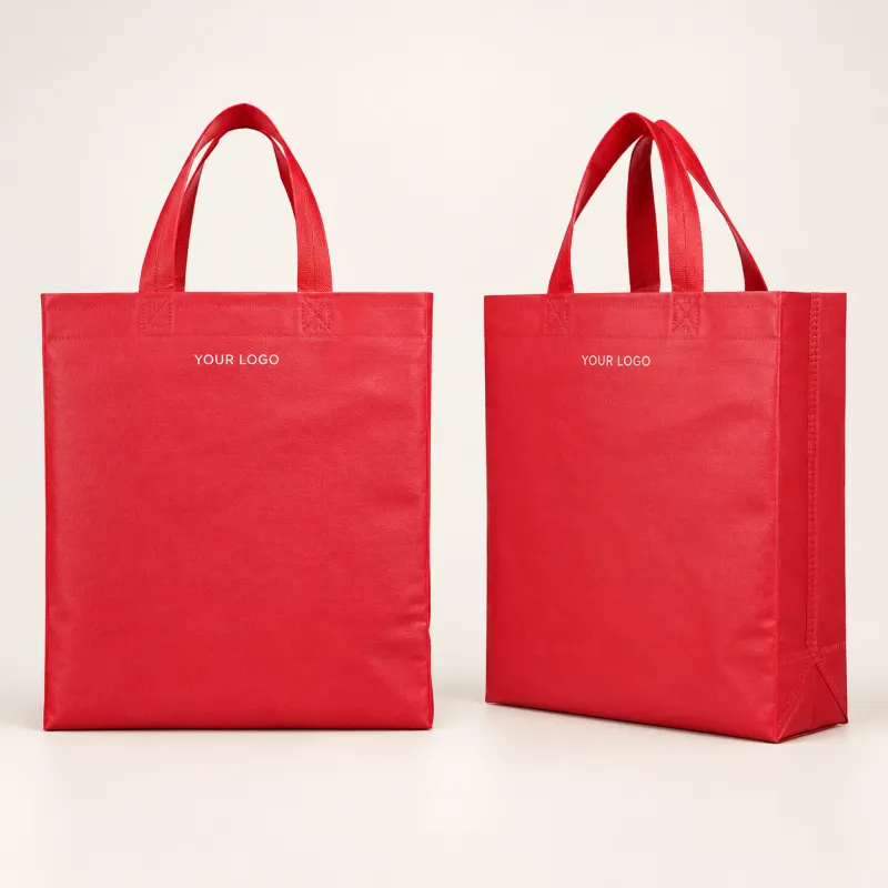 Two red laminated shopping bags with a printed logo