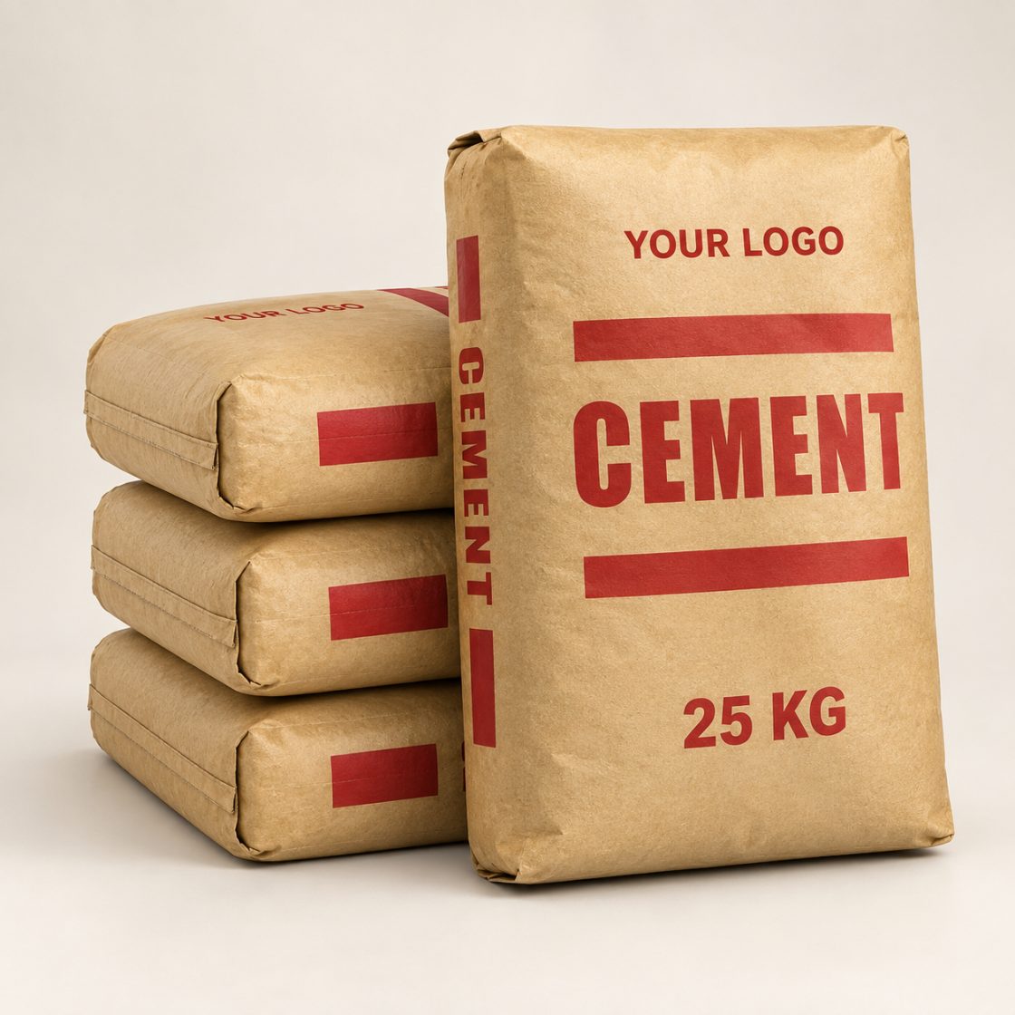 A stack of kraft paper cement sacks marked 25 KG