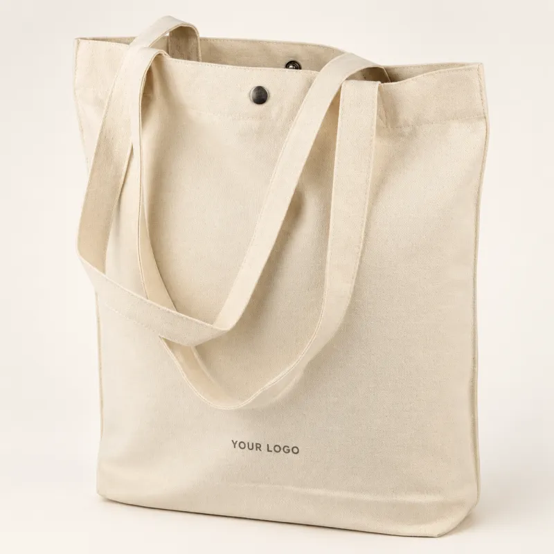 Natural cotton canvas tote bag with a press-stud closure