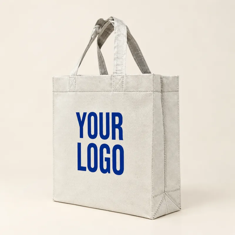 Light grey exhibition bag with a large printed logo
