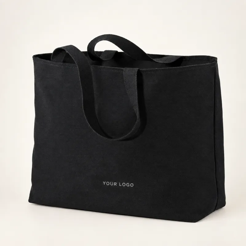 Black twill cotton tote bag with a printed logo