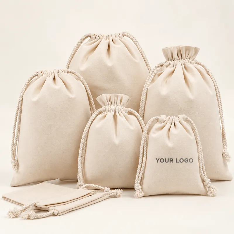 Natural cotton drawstring pouches in several sizes