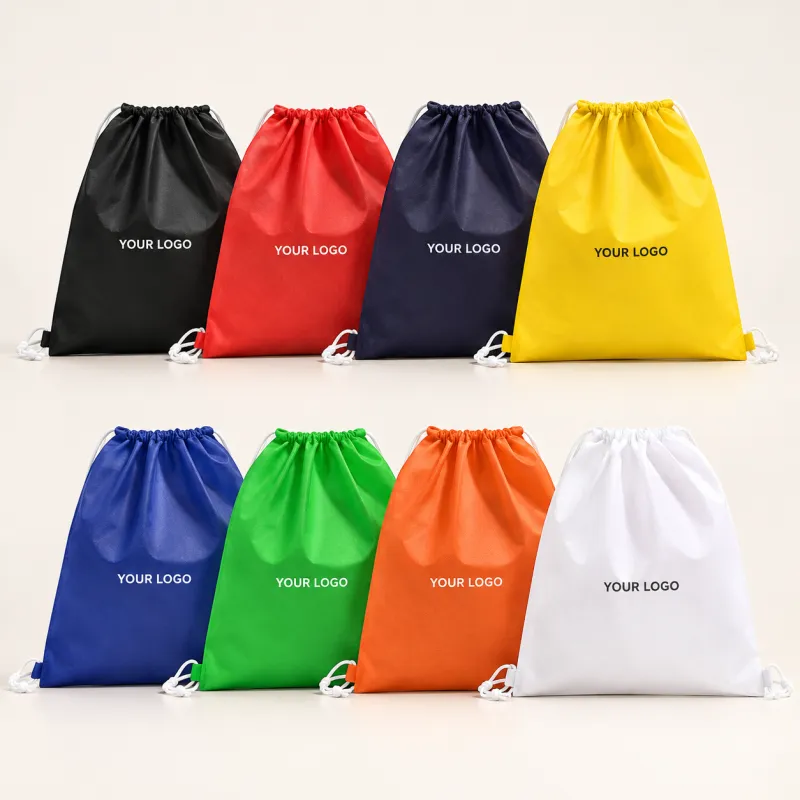 Non-woven drawstring backpacks in eight colours with printed logos