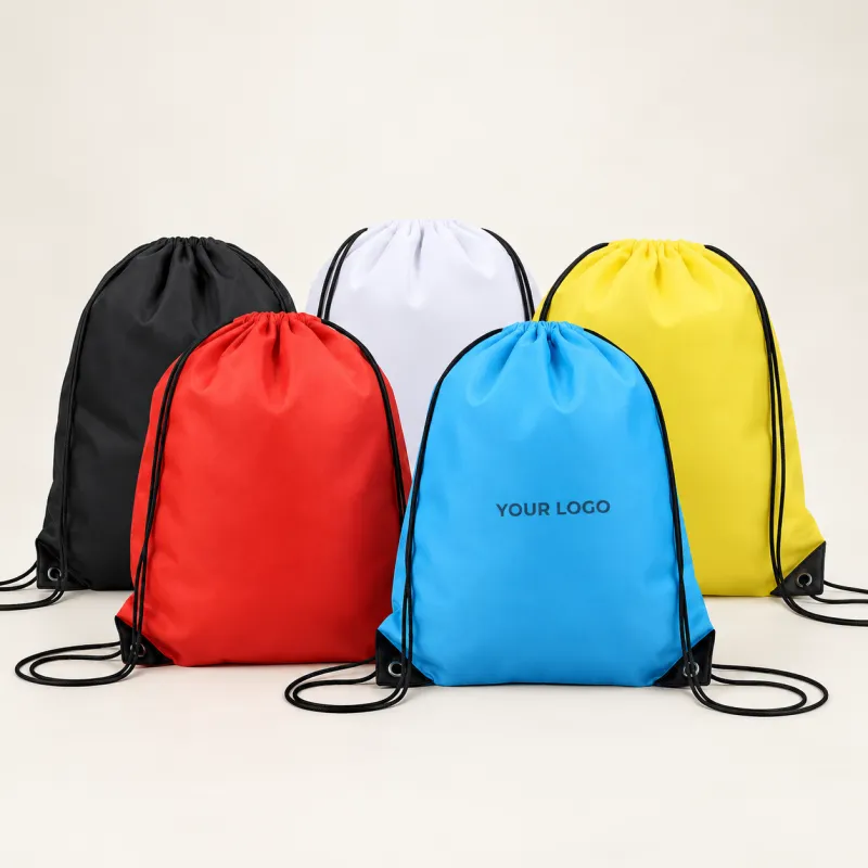 Polyester drawstring backpacks in black, red, white, blue and yellow