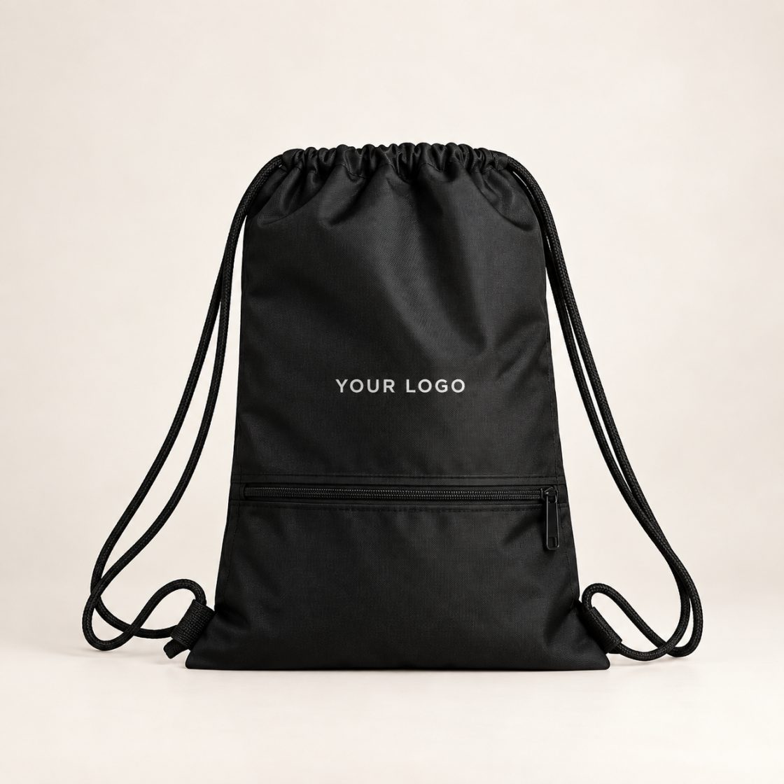 Black drawstring bag with a zipped front pocket and cord shoulder straps