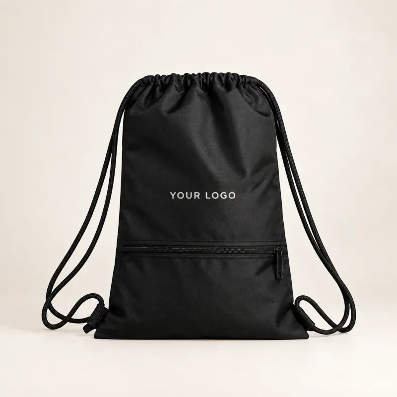 Black drawstring backpack with a printed logo