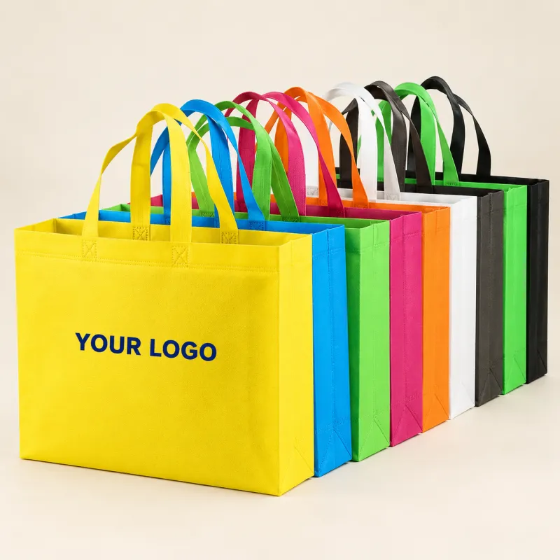 Row of gusseted box-shaped non-woven bags in assorted colours