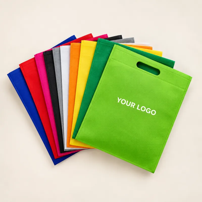 Fanned stack of D-cut non-woven bags in assorted colours with a printed logo