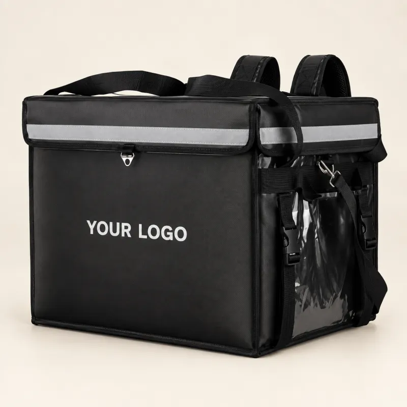 Black insulated takeaway box bag with straps and a printed logo