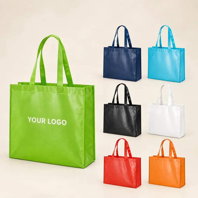 Green laminated non-woven bag beside smaller laminated bags in six colours