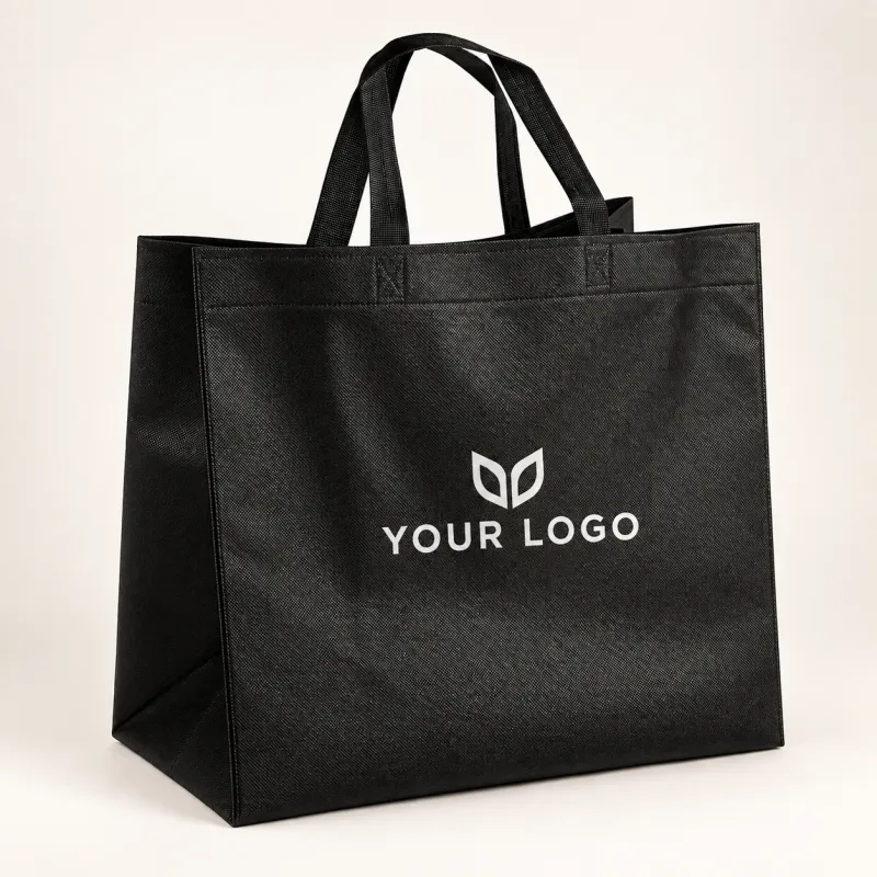 Black non-woven tote bag with a custom printed logo