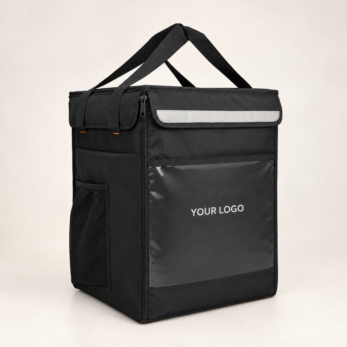 Black insulated food delivery bag with a reflective strip and a clear logo window