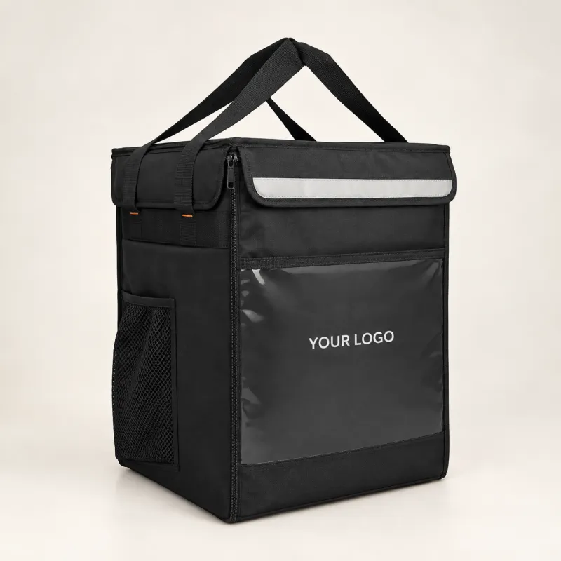 Black insulated food delivery bag with reflective strip