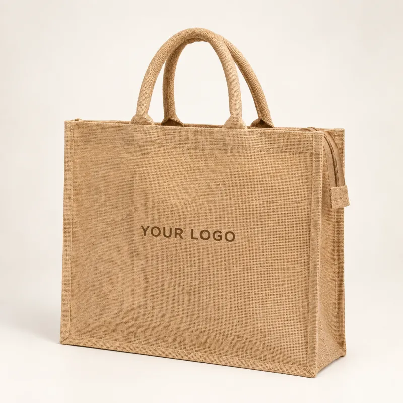 Jute bag with padded rope handles and a printed logo