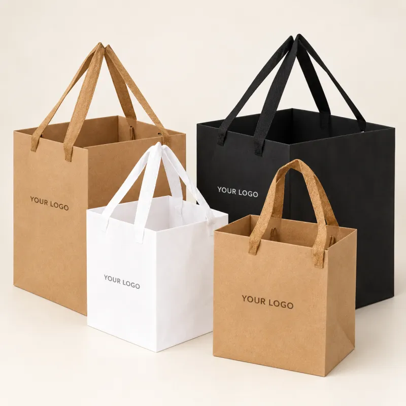 Square-bottom paper bags with handles in kraft, white and black