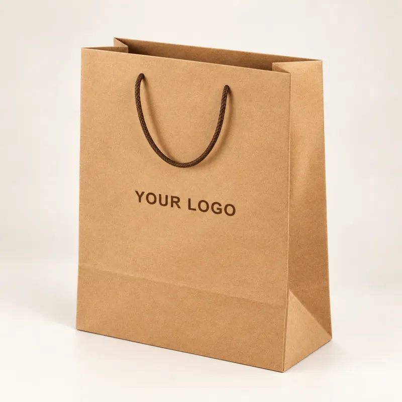 Brown kraft paper bag with twisted handles and a printed logo