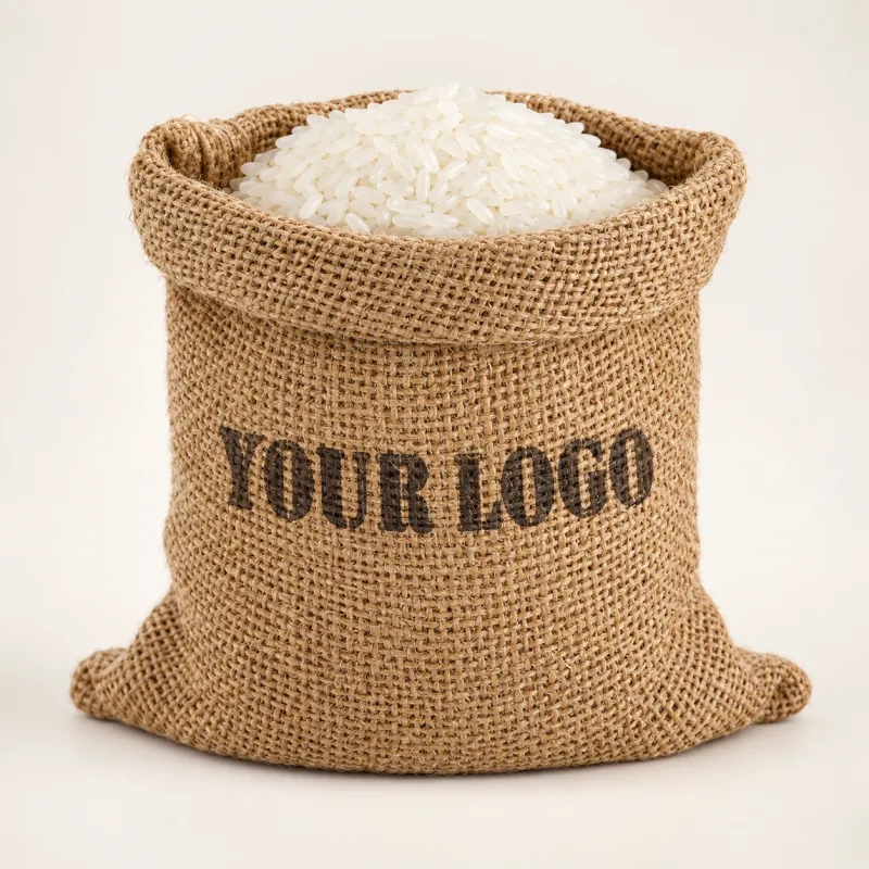 Open rice sack with a printed logo, filled with white rice