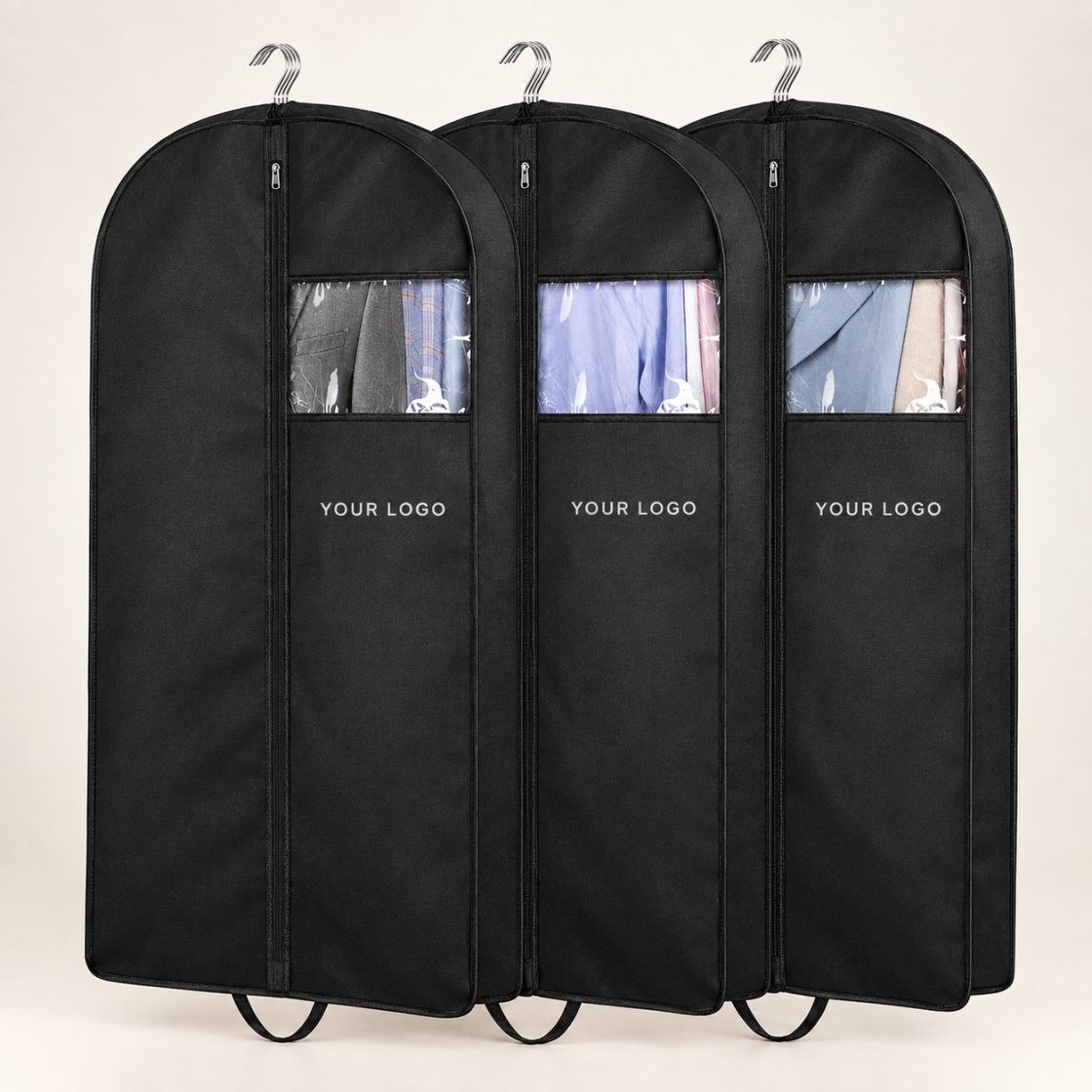 Three black suit cover bags on hangers, each with a clear front window