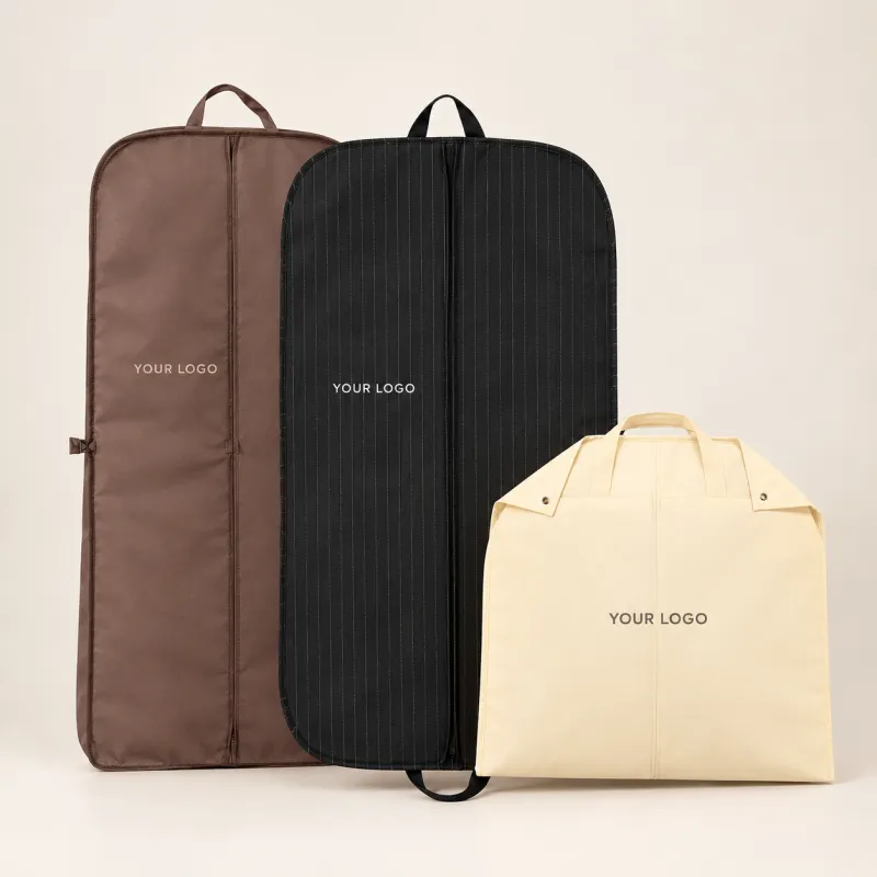 Garment covers in brown, black and cream with printed logos