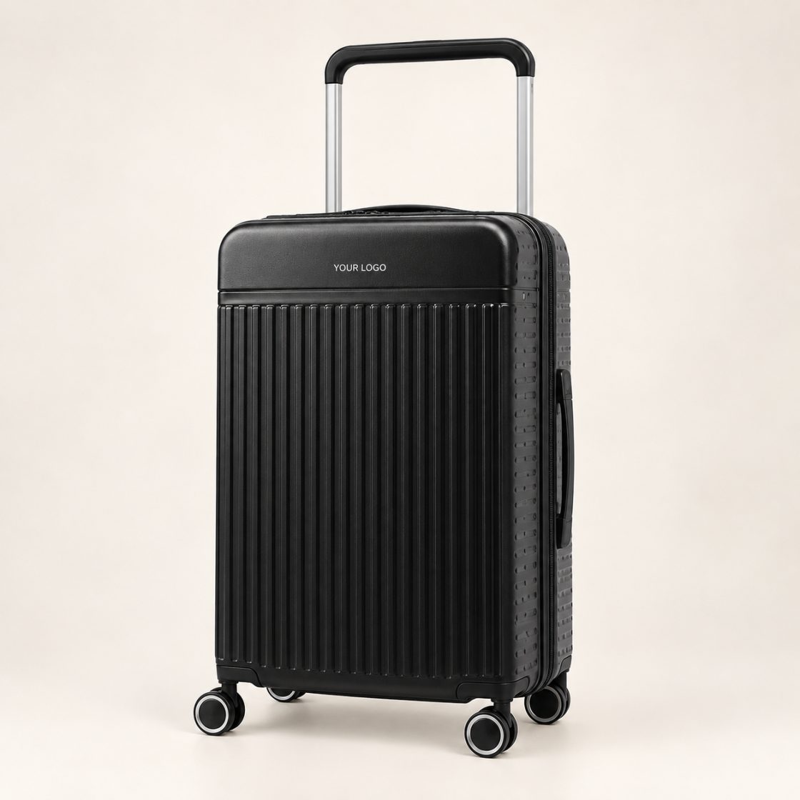 Black hard-shell trolley case with a telescopic handle and spinner wheels